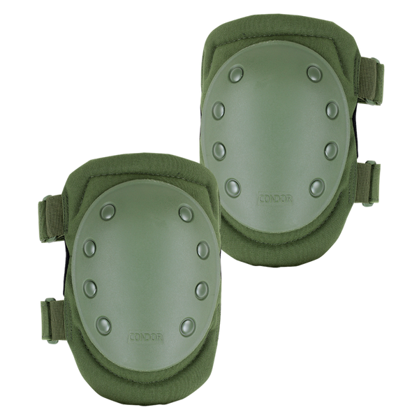 Condor Knee Pads 1: Olive green knee pads with hard plastic shells and adjustable straps—ideal for military use or bushcraft protection.