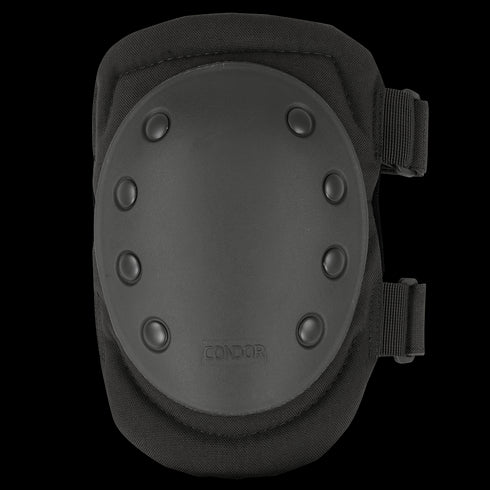 Condor Knee Pads 1 feature a black hard plastic shell, fabric backing, and two right-side adjustable straps. Ideal for law enforcement or shooting range use, with the Condor logo embossed on the lower shell.