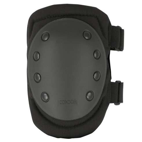 Condor Knee Pads 1 feature a black hard plastic shell, fabric backing, and two right-side adjustable straps. Ideal for law enforcement or shooting range use, with the Condor logo embossed on the lower shell.