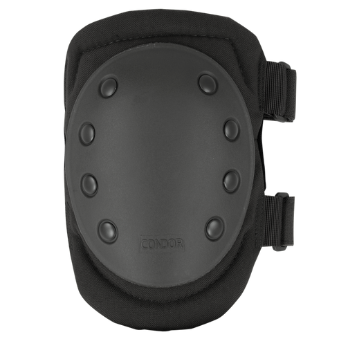The Condor Knee Pads 1 feature a black design, a hard plastic shell with rivet detailing, and two adjustable side straps.