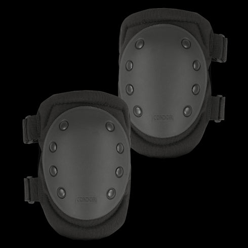 The Condor Knee Pads 1 are black knee pads with hard protective shells and adjustable straps, providing safety and impact protection—perfect for bushcraft or first responder use.