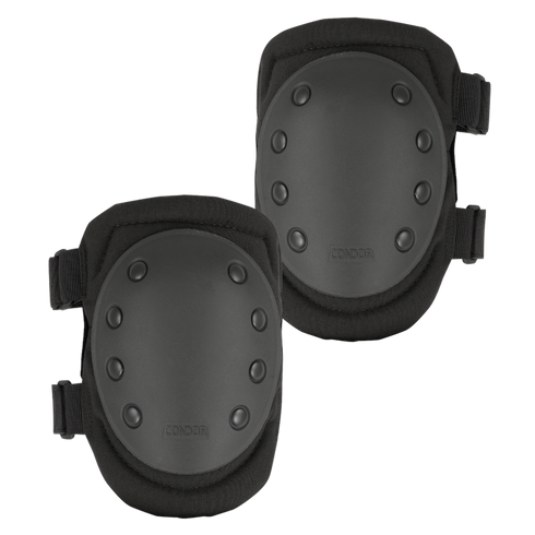 The Condor Knee Pads 1 are black knee pads with hard protective shells and adjustable straps, providing safety and impact protection—perfect for bushcraft or first responder use.