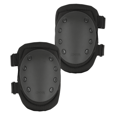 The Condor Knee Pads 1 are black knee pads with hard protective shells and adjustable straps, providing safety and impact protection—perfect for bushcraft or first responder use.