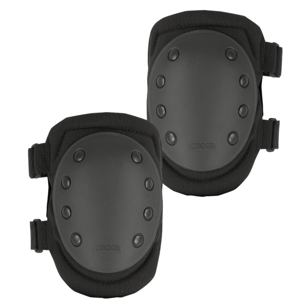 The Condor Knee Pads 1 are black knee pads with hard protective shells and adjustable straps, providing safety and impact protectionāperfect for bushcraft or first responder use.