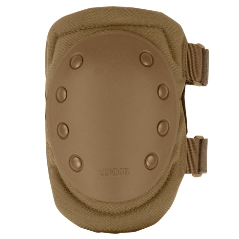 The Condor Knee Pads 1 feature a tan hard plastic outer shell, fabric edges, and two adjustable side straps for secure leg fit.
