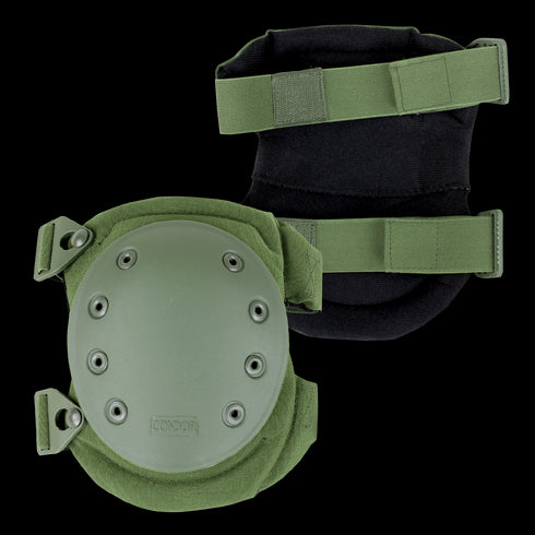 The Condor Knee Pads 2 are olive green and black protective knee pads with adjustable straps.