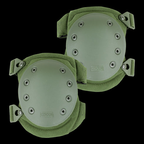 A pair of Condor Knee Pads 2 in green with hard protective shells and adjustable straps.