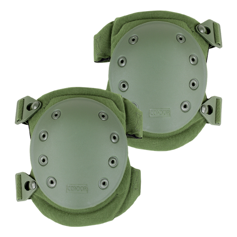 A pair of Condor Knee Pads 2 in green with hard protective shells and adjustable straps.