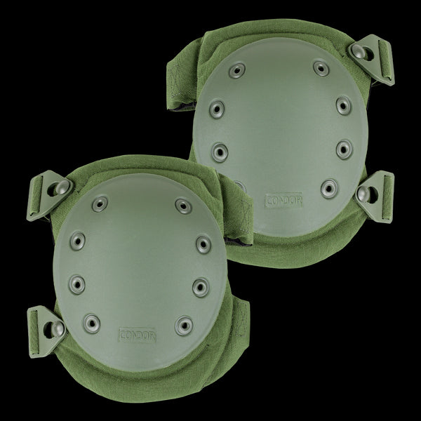 A pair of Condor Knee Pads 2 in green with hard protective shells and adjustable straps.