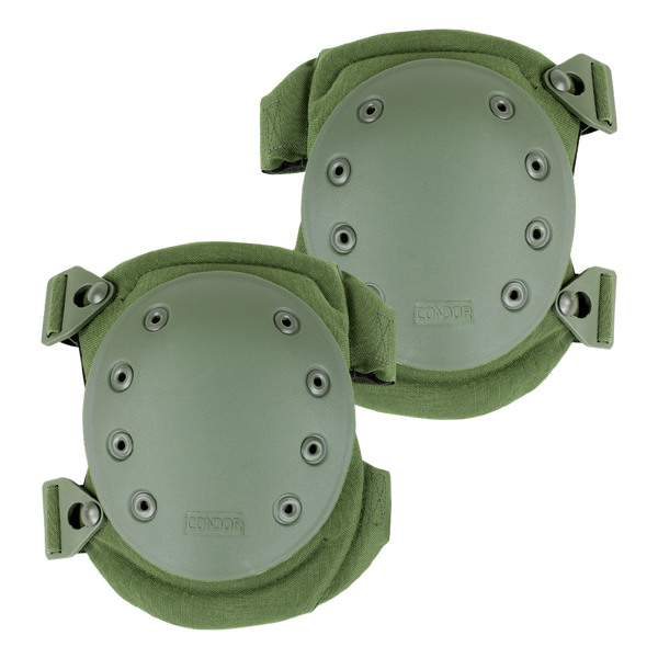 A pair of Condor Knee Pads 2 in green with hard protective shells and adjustable straps.