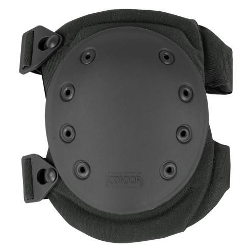 The Condor Knee Pads 2 feature a hard protective outer shell, ventilation holes, adjustable straps, and display the Condor logo. These black knee pads are designed for protective wear.