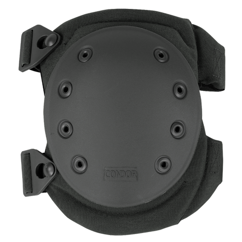 The Condor Knee Pads 2 feature a hard protective outer shell, ventilation holes, adjustable straps, and display the Condor logo. These black knee pads are designed for protective wear.