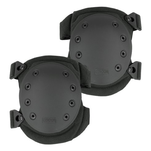 Condor Knee Pads 2 are black knee pads featuring hard plastic shells, ventilation holes, and adjustable straps for protection during physical activities.