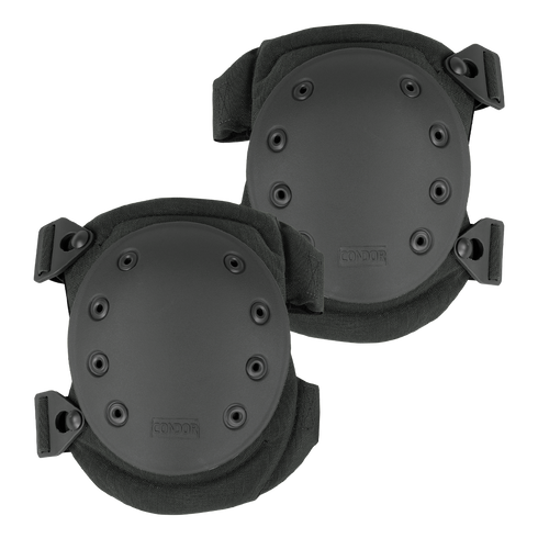 Condor Knee Pads 2 are black knee pads featuring hard plastic shells, ventilation holes, and adjustable straps for protection during physical activities.