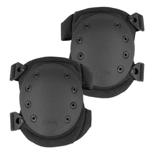 Condor Knee Pads 2 are black knee pads featuring hard plastic shells, ventilation holes, and adjustable straps for protection during physical activities.