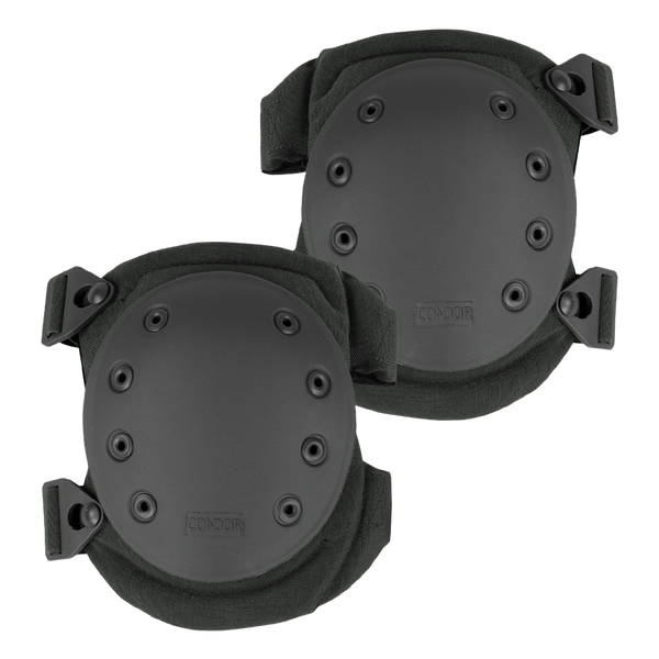 Condor Knee Pads 2 are black knee pads featuring hard plastic shells, ventilation holes, and adjustable straps for protection during physical activities.