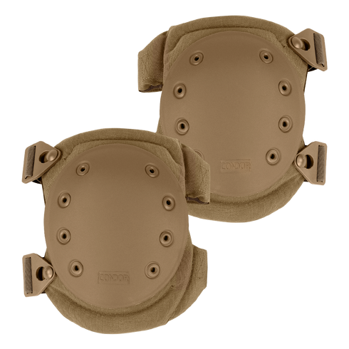 A pair of Condor Knee Pads 2 in tan, featuring adjustable straps and multiple rivets on each pad, displayed against a plain background.