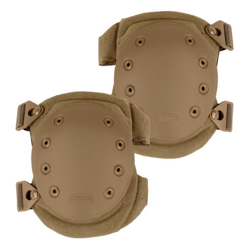 A pair of Condor Knee Pads 2 in tan, featuring adjustable straps and multiple rivets on each pad, displayed against a plain background.