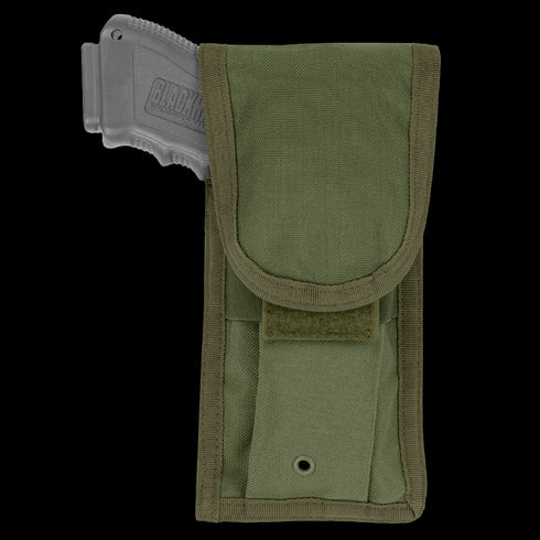 The Condor Pistol Pouch in Olive Drab features a fabric flap cover with velcro closure and holds a gray training pistol partially visible at the top.