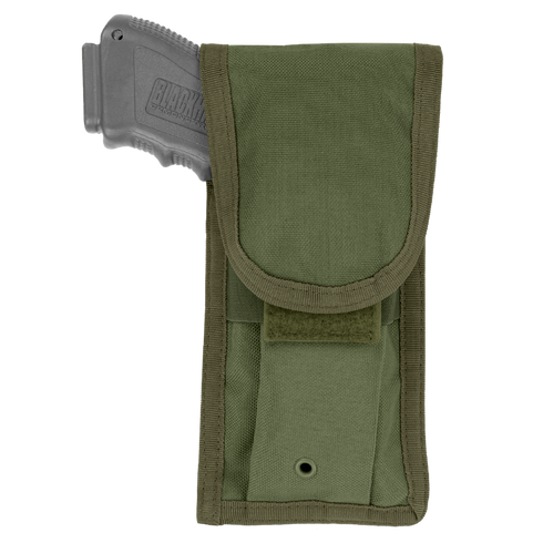 The Condor Pistol Pouch in Olive Drab features a fabric flap cover with velcro closure and holds a gray training pistol partially visible at the top.