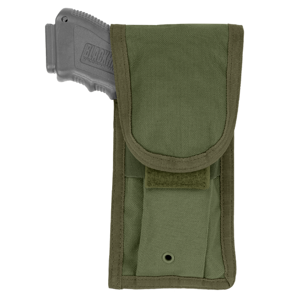 The Condor Pistol Pouch in Olive Drab features a fabric flap cover with velcro closure and holds a gray training pistol partially visible at the top.