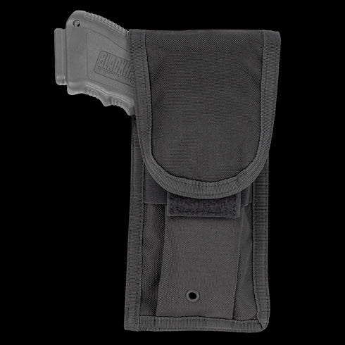 The Condor Pistol Pouch is a black tactical pouch with a flap closure, partially showing the handle of a tool or device inside.