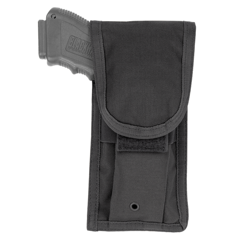 The Condor Pistol Pouch is a black tactical pouch with a flap closure, partially showing the handle of a tool or device inside.