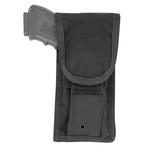 The Condor Pistol Pouch is a black tactical pouch with a flap closure, partially showing the handle of a tool or device inside.
