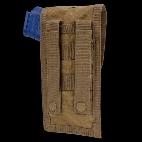 The Condor Pistol Pouch is a tan nylon pouch with two vertical straps and snap buttons on the back, designed to hold a blue plastic training magazine.