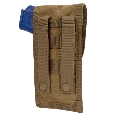 The Condor Pistol Pouch is a tan nylon pouch with two vertical straps and snap buttons on the back, designed to hold a blue plastic training magazine.