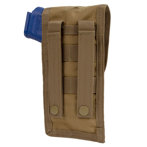 The Condor Pistol Pouch is a tan nylon pouch with two vertical straps and snap buttons on the back, designed to hold a blue plastic training magazine.