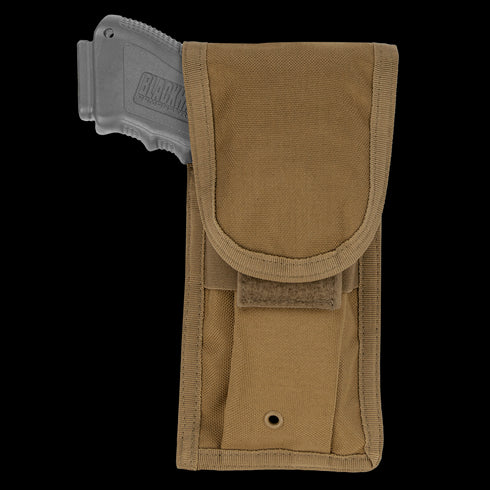 The Condor Pistol Pouch in tan nylon, featuring a flap closure, securely holds a gray training pistol that is partially visible at the top.