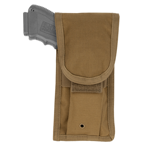 The Condor Pistol Pouch in tan nylon, featuring a flap closure, securely holds a gray training pistol that is partially visible at the top.