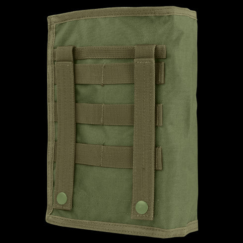 The Condor Gas Mask Pouch is an olive green tactical pouch featuring MOLLE webbing and two snap-button straps on the back.