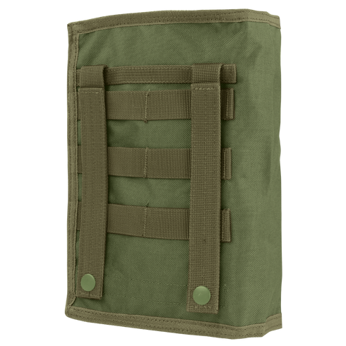 The Condor Gas Mask Pouch is an olive green tactical pouch featuring MOLLE webbing and two snap-button straps on the back.