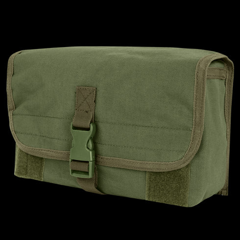The Condor Gas Mask Pouch is a rectangular olive drab canvas pouch with a front flap, secured by a plastic buckle and trimmed with matching fabric.