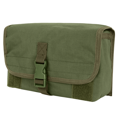 The Condor Gas Mask Pouch is a rectangular olive drab canvas pouch with a front flap, secured by a plastic buckle and trimmed with matching fabric.