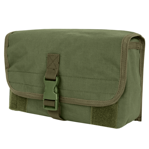 The Condor Gas Mask Pouch is a rectangular olive drab canvas pouch with a front flap, secured by a plastic buckle and trimmed with matching fabric.