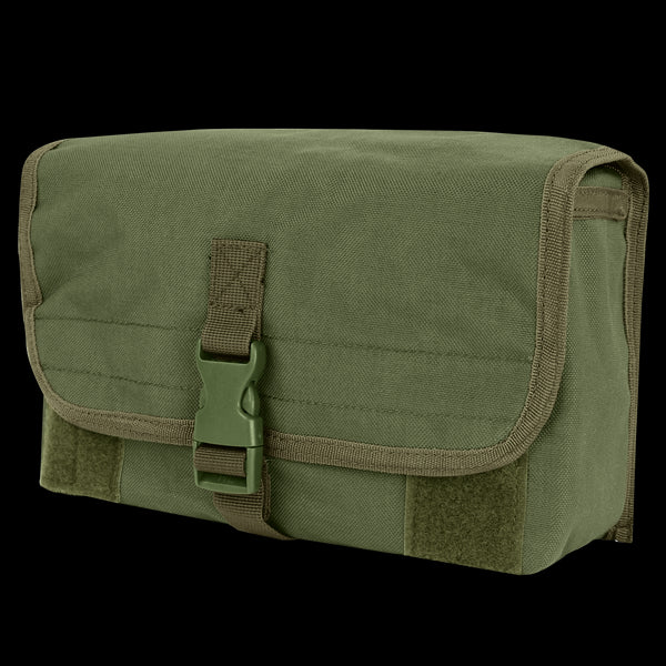 The Condor Gas Mask Pouch is a rectangular olive drab canvas pouch with a front flap, secured by a plastic buckle and trimmed with matching fabric.