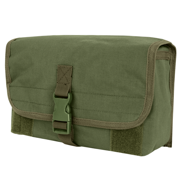 The Condor Gas Mask Pouch is a rectangular olive drab canvas pouch with a front flap, secured by a plastic buckle and trimmed with matching fabric.