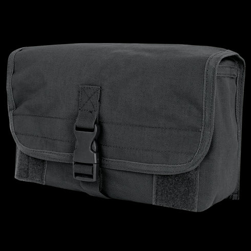 The Condor Gas Mask Pouch is a black tactical pouch with a front flap, secured by a plastic buckle and hook-and-loop fasteners, made from durable fabric.