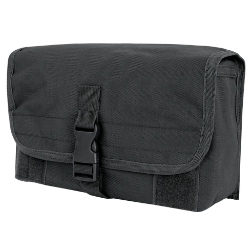 The Condor Gas Mask Pouch is a black tactical pouch with a front flap, secured by a plastic buckle and hook-and-loop fasteners, made from durable fabric.
