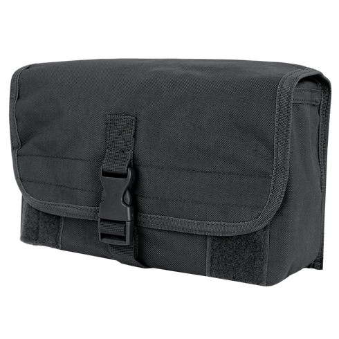 The Condor Gas Mask Pouch is a black tactical pouch with a front flap, secured by a plastic buckle and hook-and-loop fasteners, made from durable fabric.