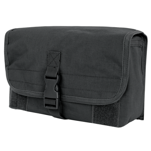 The Condor Gas Mask Pouch is a black tactical pouch with a front flap, secured by a plastic buckle and hook-and-loop fasteners, made from durable fabric.