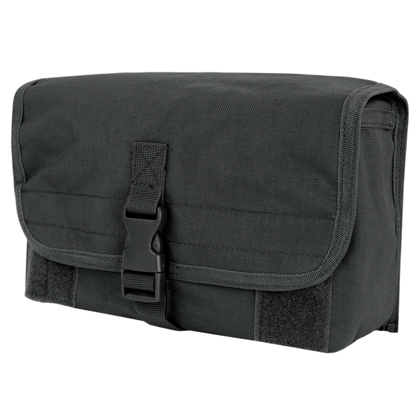 The Condor Gas Mask Pouch is a black tactical pouch with a front flap, secured by a plastic buckle and hook-and-loop fasteners, made from durable fabric.