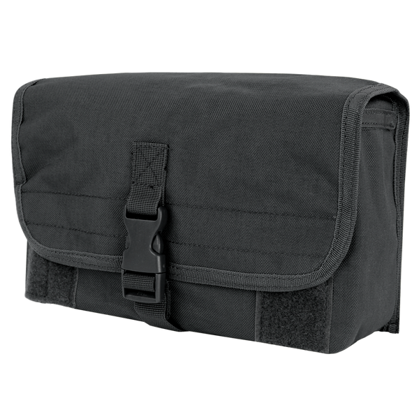 The Condor Gas Mask Pouch is a black tactical pouch with a front flap, secured by a plastic buckle and hook-and-loop fasteners, made from durable fabric.