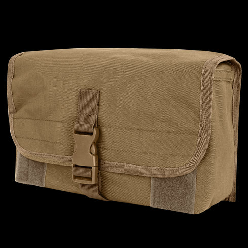 The Condor Gas Mask Pouch, made of brown canvas with a flap cover secured by a plastic buckle and Velcro, is displayed against a white background.