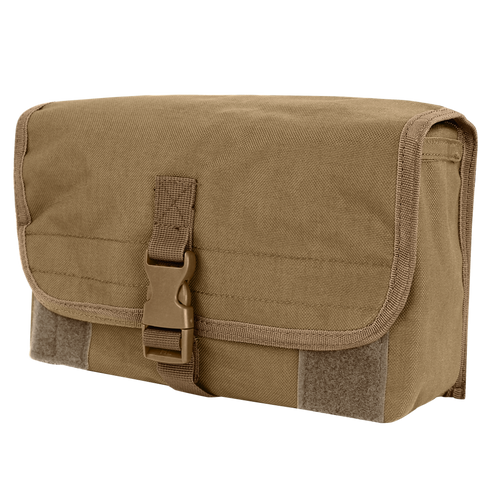 The Condor Gas Mask Pouch, made of brown canvas with a flap cover secured by a plastic buckle and Velcro, is displayed against a white background.