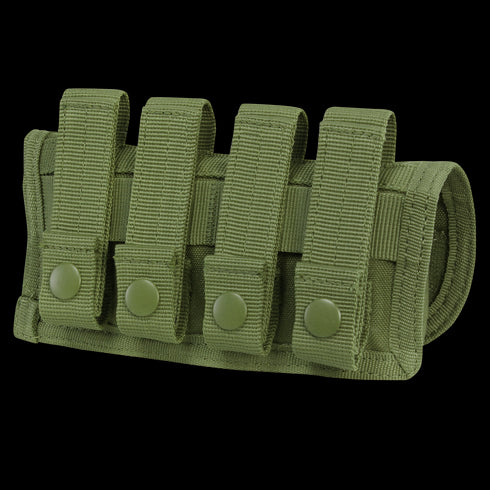 The Condor Shotgun Ammo Pouch in olive green nylon features four securing straps and snap buttons, ideal for military or first responder use, and designed to hold shotgun shells or small tools.