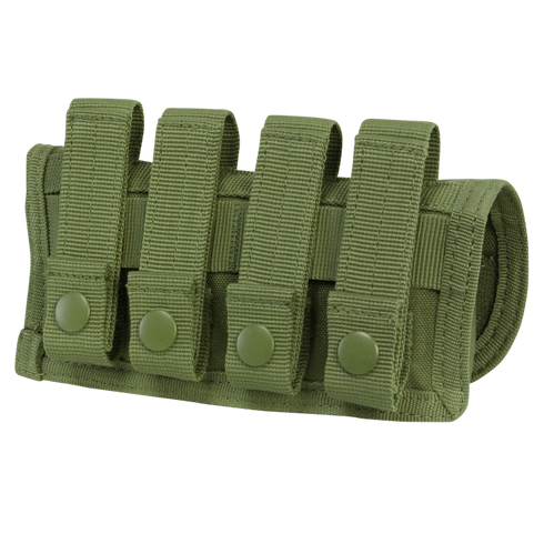 The Condor Shotgun Ammo Pouch in olive green nylon features four securing straps and snap buttons, ideal for military or first responder use, and designed to hold shotgun shells or small tools.